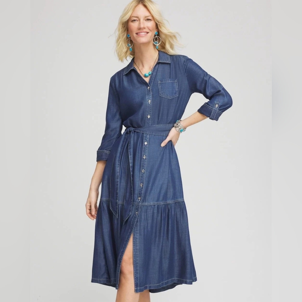 Chico's NWT Tencel Tier Shirtdress Midi Marina Bay Indigo Chambray 3/16
